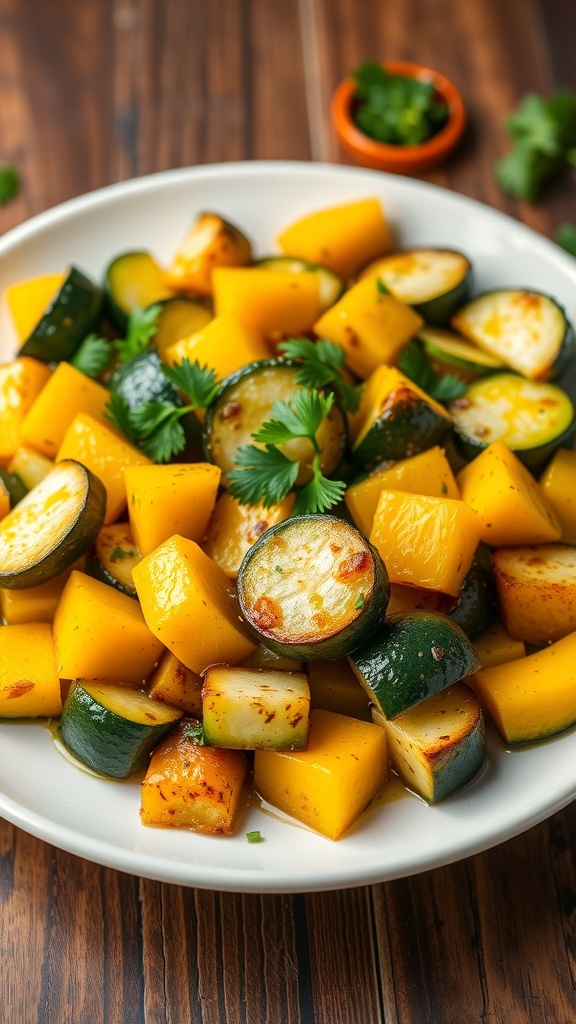 Sautéed zucchini and yellow squash on a plate, garnished with parsley, on a rustic wooden table.